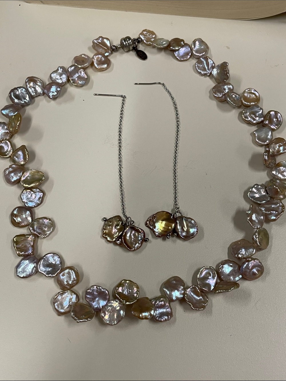 Cultured Freshwater Pearl Necklace and Drop Earrings - Iridescent Pink/Gold